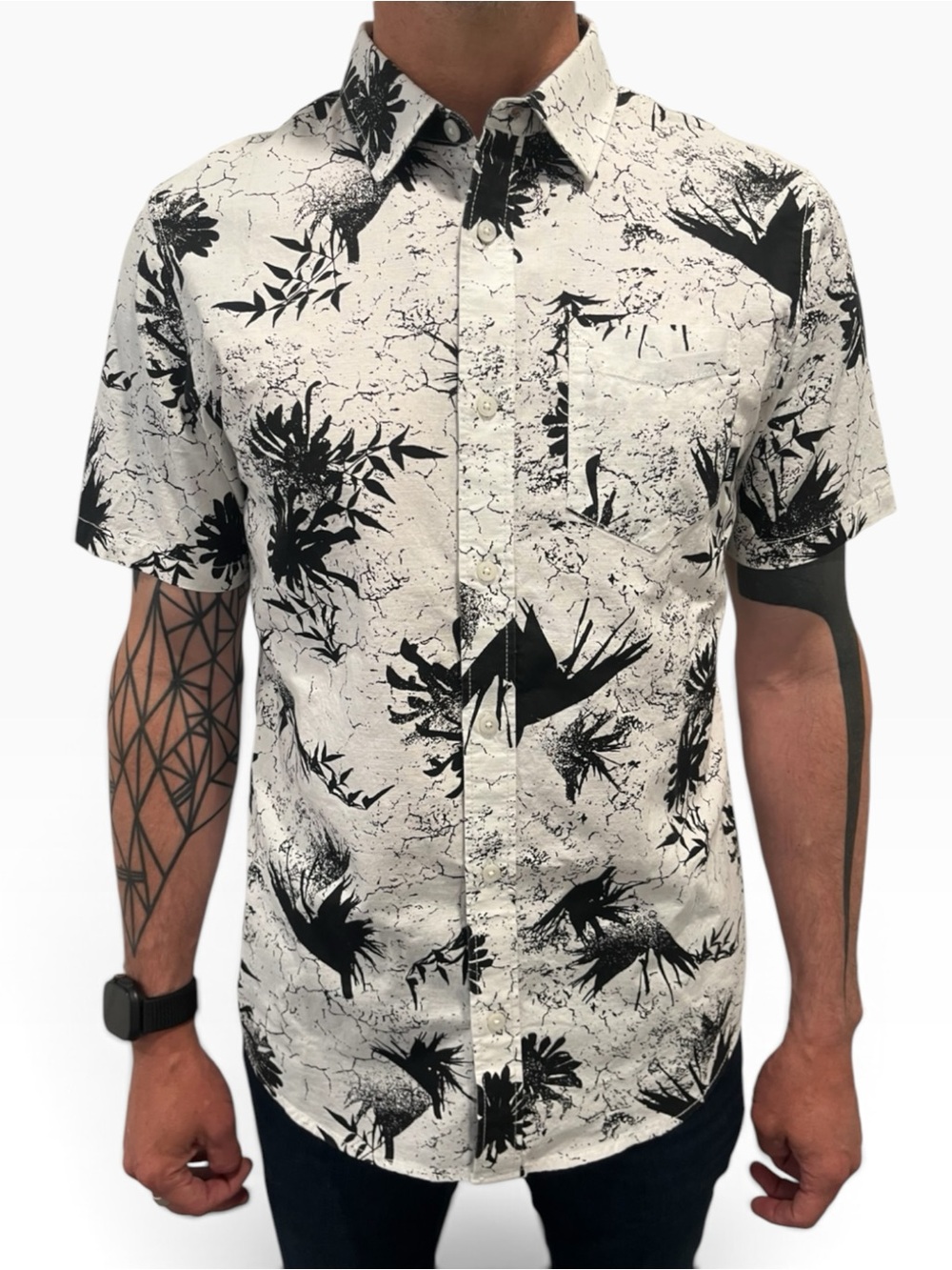 🖤 Vans Men’s Black & White Floral Button-Up Shirt Size Small